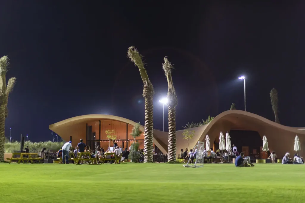 Night-time outdoor seating at Ayla Oasis.